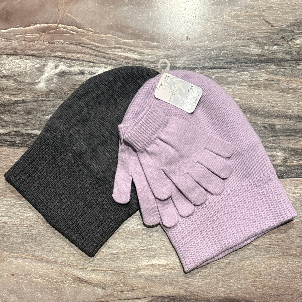 Black and Lavender Beanie and Gloves Set
